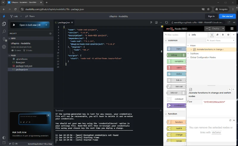 Screenshot of Node-RED running inside a WebContainer in a web browser